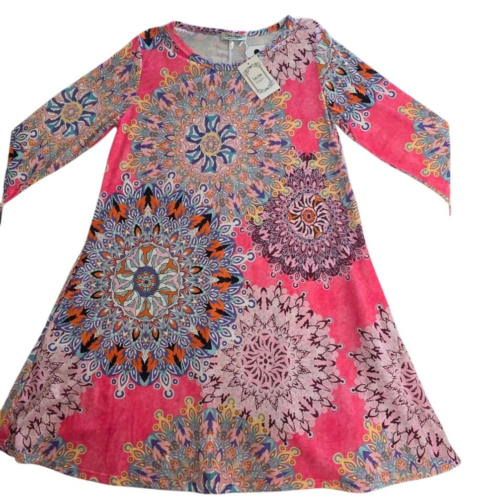 Coeur‎ De Vague Tunic Dress XL Women New Mandala Floral Print Pink 3/4 Sleeve